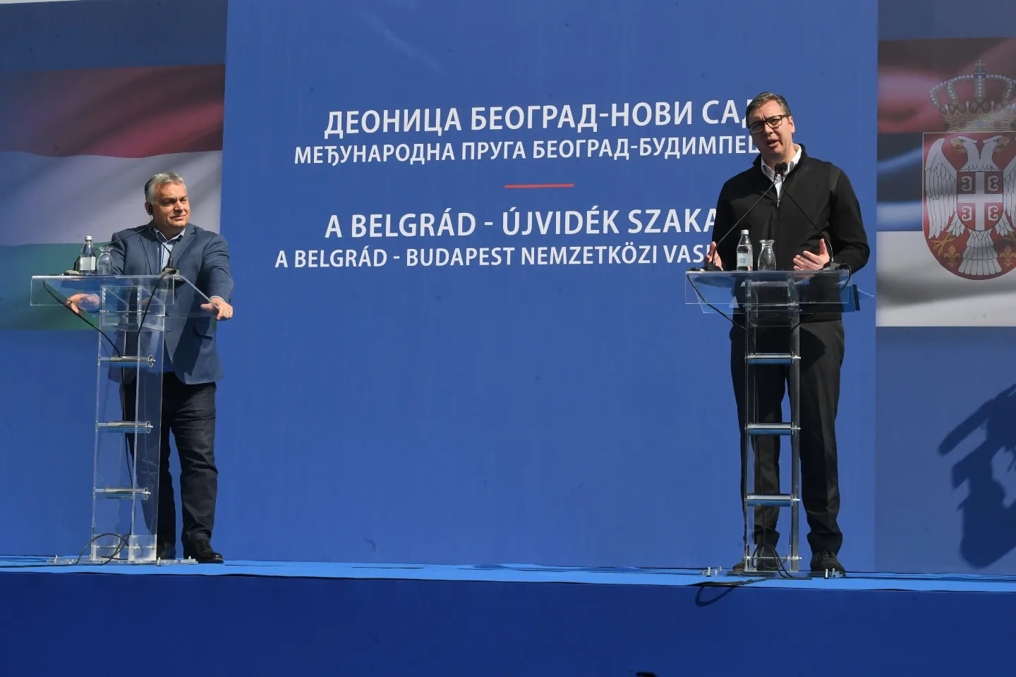 Orbán Viktor és Aleksandar Vučić a Belgrád–Újvidék vasúti szakasz megnyitóján 2022. március 19-én. Forrás: Aleksandar Vučić / Facebook