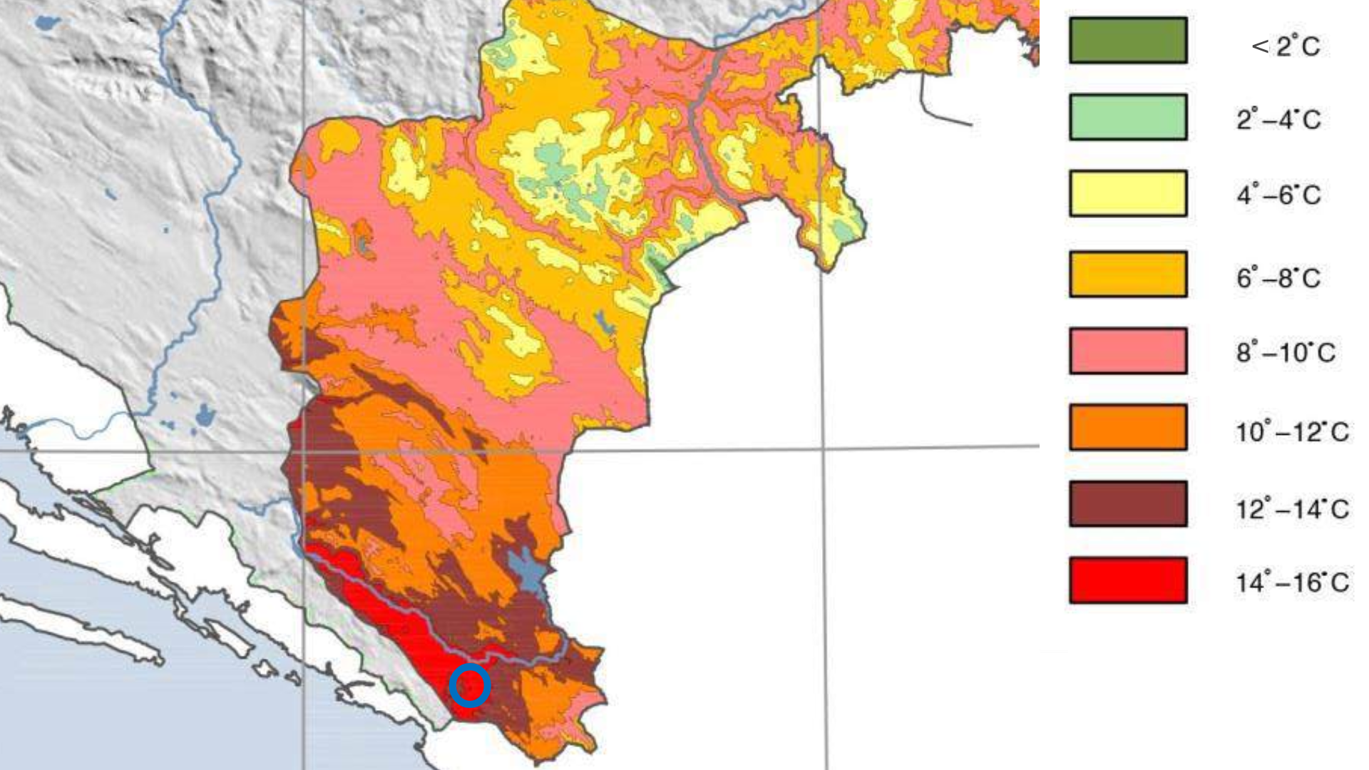 Prosečne godišnje temperature u BiH. Prema planovima, solarna elektrana bi se gradila na teritoriji gde se prosečna godišnja temperatura kreće od 14 do 16°C. Izvor: Ekodozvola / Átlátszó Vajdaság